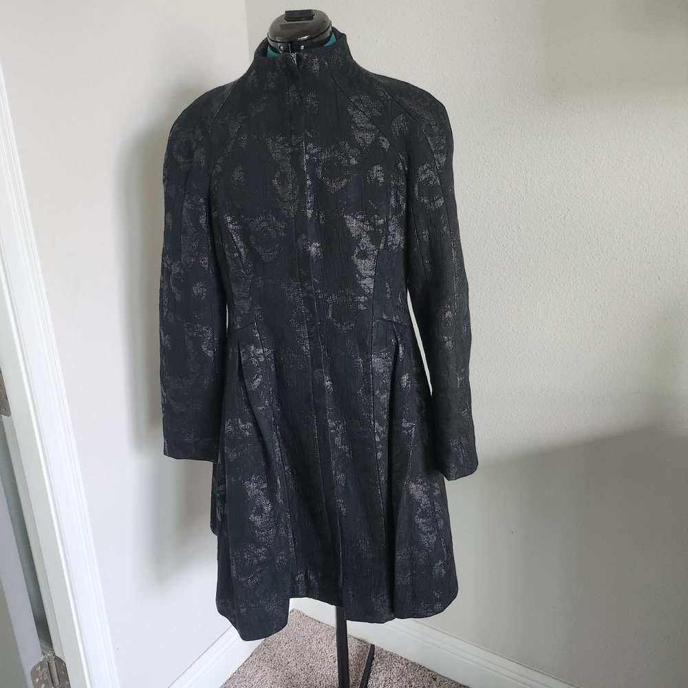 Nanette Lepore VTG Black Jacquard Dress Size 12 Full Zip Pleats Flared Skirt